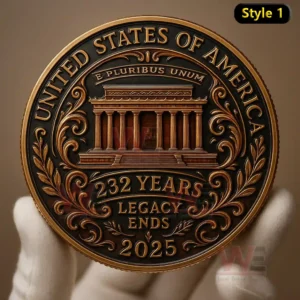 Bronze styled commemorative coin showing a classical American building with ornate decorations and engraved dates!