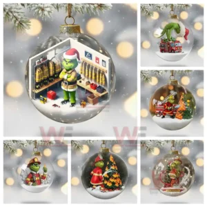 Transparent ornaments featuring a green firefighter character in assorted Christmas scenes displayed together.