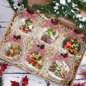 Firefighter Grinch Christmas Ornament 10 Gift box containing six firefighter themed Christmas ornaments with a green character inside each one.