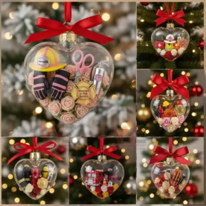 Alt text: Heart-shaped glass ornaments with firefighter-themed miniature items like helmets, tools, and fire trucks, hanging on a Christmas tree.