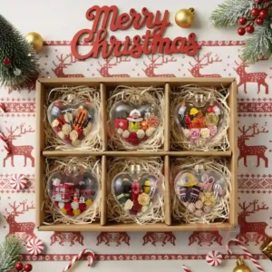 Alt text: A collection of six heart-shaped ornaments with firefighter-themed miniature scenes, packaged for Christmas.