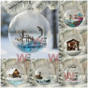 Clear ornament with a tiny fisherman on an island above a vivid coral reef and tropical fish inside a snowy background!