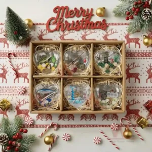 Alt text: A collection of six heart-shaped ornaments with fishing-themed miniature scenes, packaged for Christmas.