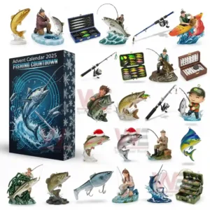A display of assorted fishing miniatures and gear placed around a decorative advent calendar box!