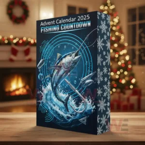 A view of a decorated advent calendar box with a fish artwork set inside a cozy holiday room!