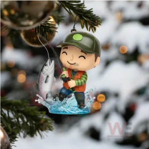 A close ornament view of a happy angler figure catching a fish on a Christmas tree branch!