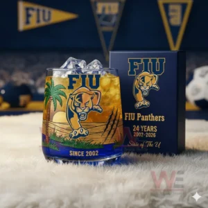 FIU Panthers themed anniversary glass with ice on a rug in a sports decorated room!