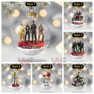A set of themed Christmas ornaments each containing a unique Five Finger Death Punch character displayed inside clear globes against a snowy decorative background!
