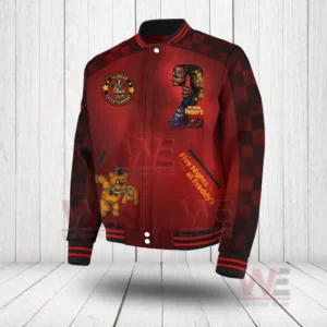 Five Nights at Freddy's 2 Baseball Jacket 4 Front of red jacket with animated horror characters and checkered sleeves.