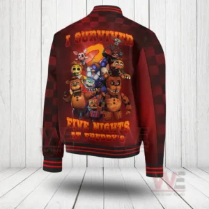 Five Nights at Freddy's 2 Baseball Jacket 5 Back of red jacket with a large group of animated horror characters and bold text.