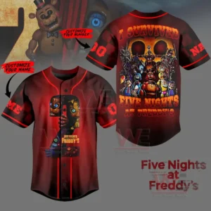 Red baseball shirt with animated horror characters and customizable text areas.