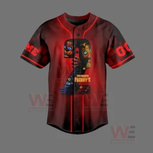Five Nights at Freddy's 2 Baseball Jersey 4 Front of red baseball shirt with keyhole graphic showing animated horror characters.