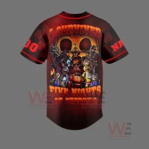 Five Nights at Freddy's 2 Baseball Jersey 5 Back of red baseball shirt featuring many animated horror characters and bold survival text.