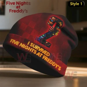Red beanie with a large number two formed by animated horror characters and bright survival text.