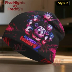 Five Nights at Freddy's 2 Beanie Hat Cap 4 Black and red beanie featuring colorful animated horror characters and a bold game title.