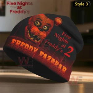 Five Nights at Freddy's 2 Beanie Hat Cap 5 Black beanie with an orange animatronic face and bold red horror themed text.