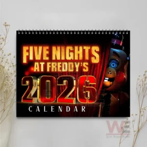Calendar cover with golden title and an animatronic bear face behind red curtains.