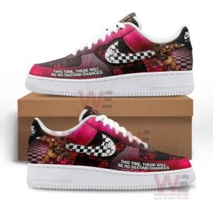 Five Nights At Freddy's Air Force 1 Shoes 6 Side facing shoes showcasing character art and checker elements atop a cardboard box!