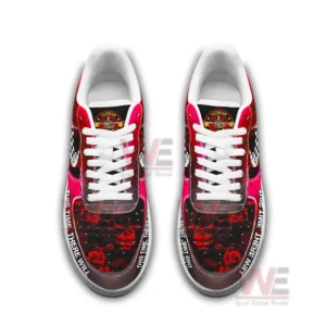 Five Nights At Freddy's Air Force 1 Shoes 7 Top down view of the shoes featuring character graphics vivid red tones and bright white laces!```