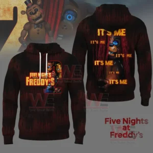 Dark hoodie with animatronic characters on the front and glowing repeated text with a peeking character on the back.