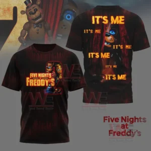 Dark T shirt with animatronic characters on the front and glowing repeated text with a hidden character on the back.