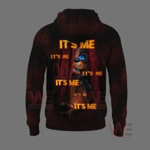 Back of dark hoodie with animatronic character behind red curtains and repeated glowing text.