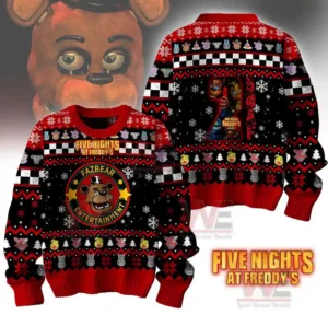 Holiday themed horror sweater with bright character graphics and patterned decorations.