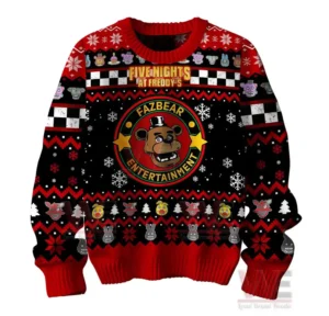 Five Nights at Freddy's Limited Edition Ugly Sweater 5 Front of festive horror themed sweater with large bear emblem and patterned knit design. ``!