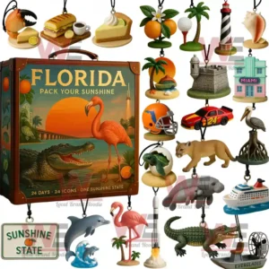 A Florida themed advent calendar set with 24 miniature ornaments depicting state symbols and tropical motifs arranged around a suitcase style box.
