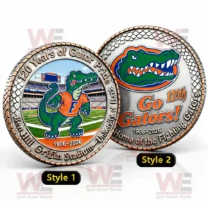 A silver and bronze commemorative coin with the Florida Gators mascot and logo celebrating 120 years of Gator pride from 1906 to 2026.