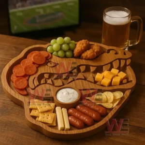 A gator shaped wooden tray filled with mixed snacks sits on a wooden table next to a glass of beer with a sports screen visible behind it!