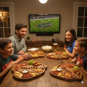 Florida Gators Heritage Platter Board 3 A family enjoys assorted snacks on gator shaped wooden trays while watching a sports game on a screen!
