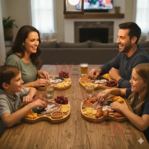 A family enjoys assorted snacks on wooden trays with a team emblem while watching a sports game on a screen!