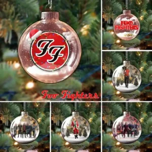 Collection of Foo Fighters Christmas ornaments with festive designs and band logos.