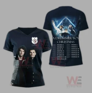 Front and back view of a short sleeve shirt showing two musicians on the front and a christmas tour graphic with dates on the back.