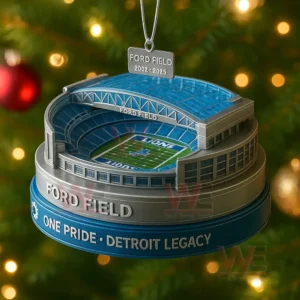 Miniature Ford Field stadium ornament representing the Detroit Lions home field hanging on a decorated Christmas tree with lights in the background!