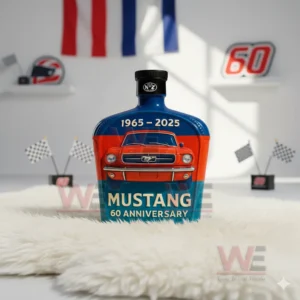 Ford Mustang 60th Anniversary 1965-2025 Whiskey Bottle 9 Mustang anniversary bottle on white rug with racing flags and decor!
