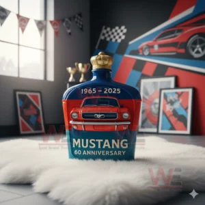 Ford Mustang 60th Anniversary 1965-2025 Whiskey Bottle 10 Mustang bottle with classic car design surrounded by racing themed items in a colorful room!