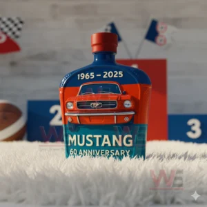Ford Mustang 60th Anniversary 1965-2025 Whiskey Bottle 11 Mustang sixtieth anniversary bottle with racing decorations in background!