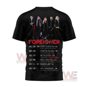 Back view of a black shirt with band members at the top and a list of tour dates and locations printed underneath.