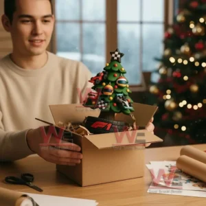 Man unboxing a Formula One Christmas tree with racing car and helmet ornaments.