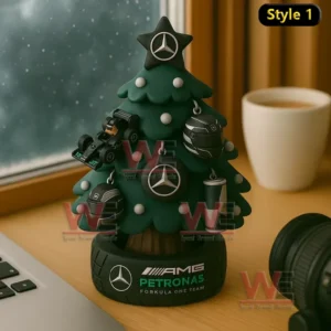 Mercedes AMG Petronas Formula One themed Christmas tree with racing details.