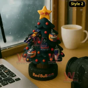 Red Bull Racing Formula One themed Christmas tree with colorful ornaments.