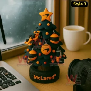 McLaren Formula One inspired Christmas tree with orange and black racing decorations.