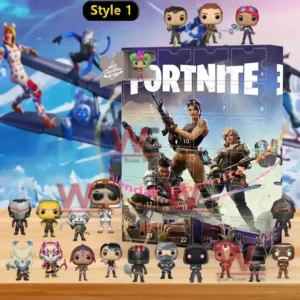 Fortnite Style 1 advent calendar with character figures displayed on a wooden surface in front of a winter themed background.
