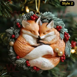Two cuddling foxes surrounded by pine leaves and berries hanging on Christmas tree!