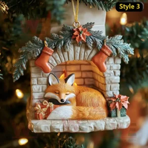 Sleeping fox inside decorated fireplace Christmas ornament with stockings and gifts!