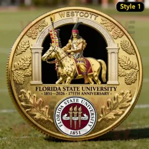 A gold coin featuring a Seminole warrior on horseback with the Florida State University seal marking its 175th anniversary from 1851 to 2026.