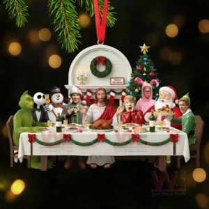 Christmas ornament showing Jesus and classic Christmas movie characters having dinner together at a decorated table with festive lights and wreaths!
