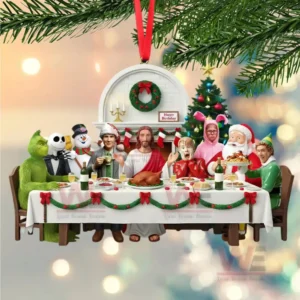 Christmas ornament featuring a group of classic holiday movie characters and Jesus enjoying a Christmas meal together surrounded by festive décor!